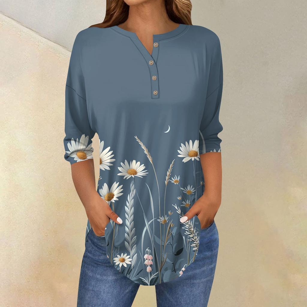 Damestops met 3/4 mouwen, zomerse T-shirts met bloemenprint, V-hals, casual basic T-shirt met knoopsluiting, tuniektops