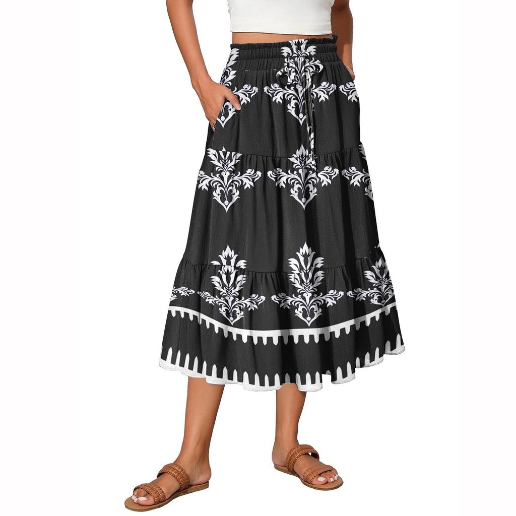 Maxirock für Damen mit Kordelzug, hohe Taille, lange Sommerröcke, leicht, gestuft, fließend, geblümt, Faltenröcke