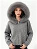 Women's Short Knitted Cardigan with Faux Fur Collar - Autumn/Winter Fashionable Hooded Sweater Coat
