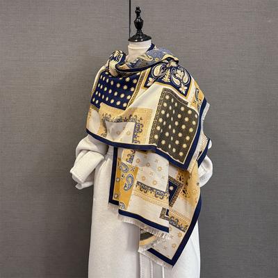 Winter Warmer Scarf For Women Elegant Thickened Tassel Pashmina Shawl Floral Faux Cashmere Warps Autumn Blanket For Daily Wear