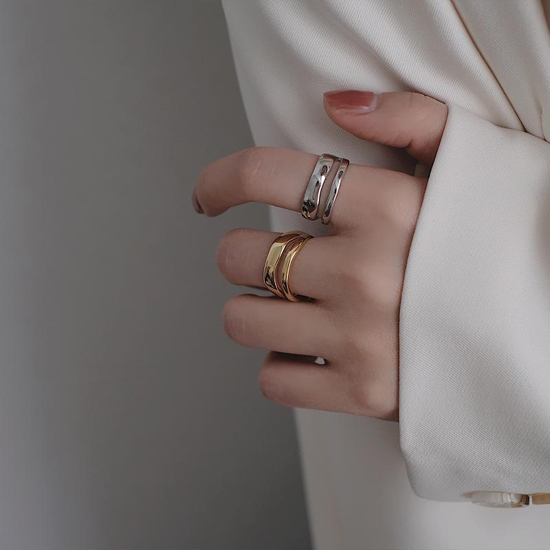 Bague de doigt ouverte vintage pour femme à double couche géométrique de style coréen plaquée argent S925