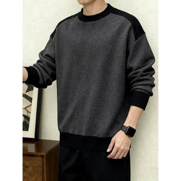 

Men s Color-Block Patchwork Long-Sleeve Sweater, High-End Feel, Round Neck, Thick Knit, Trendy & Versatile for Fall and Winter 2XL