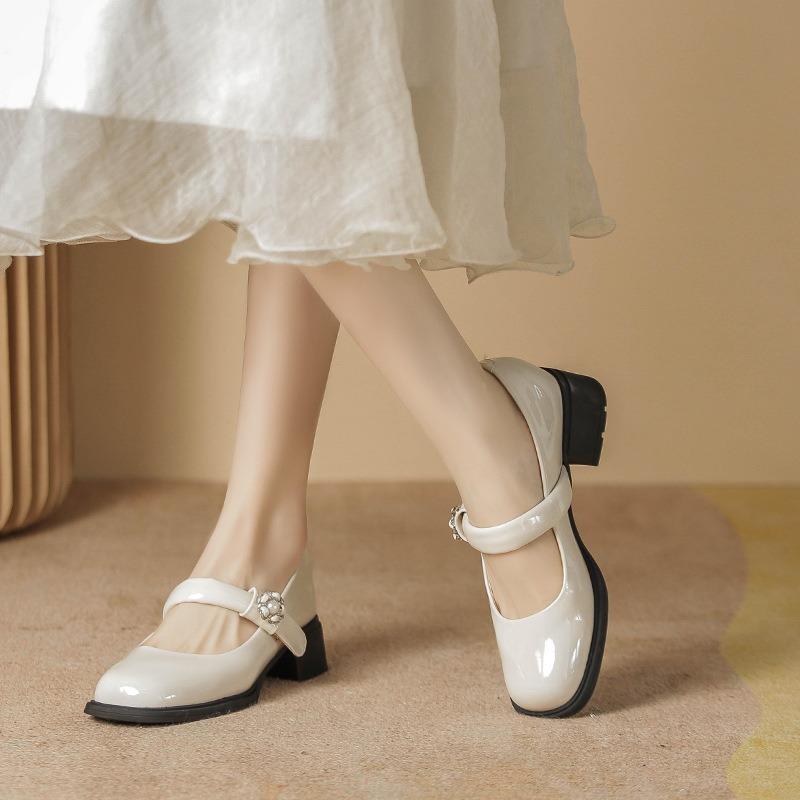 Mary Jane Shoes Women's Spring New Round Head Shallow Mouth Gentle Small Leather Shoes Thick Heel with Pearl Single Shoes Women