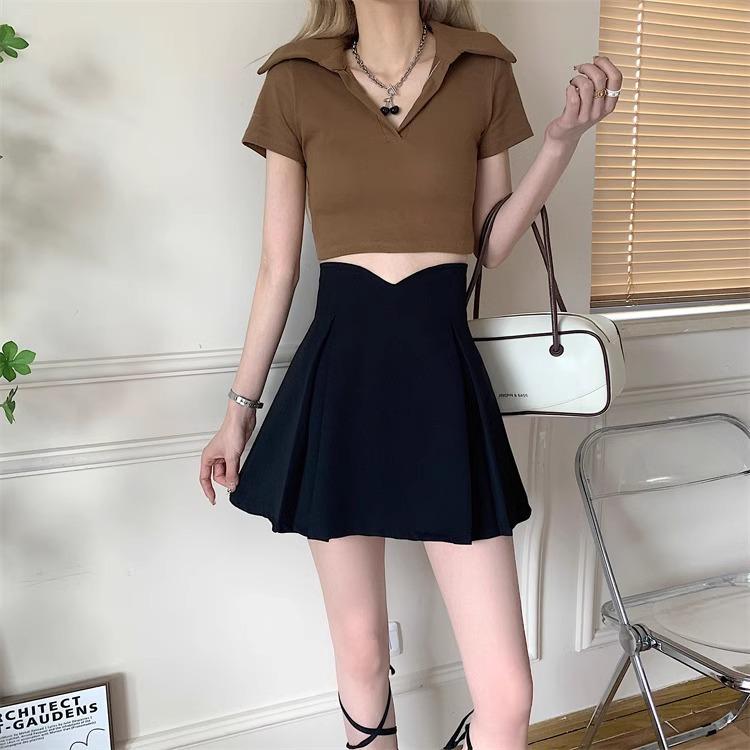 Summer 2024 Women's Black High-Waist Pleated Midi Skirt - Slimming Casual A-Line Bodycon
