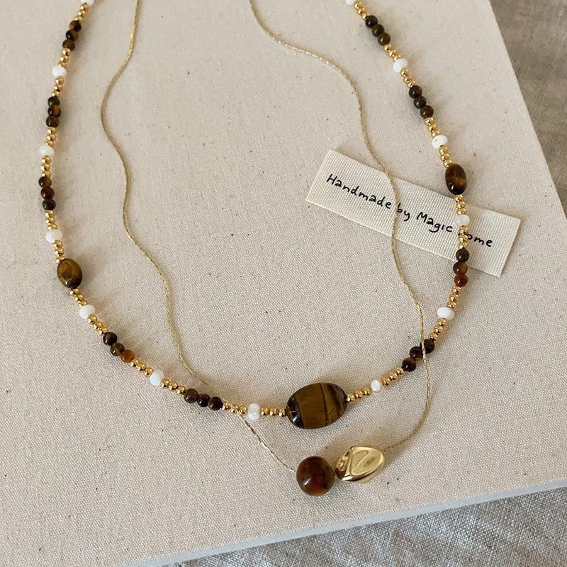Retro Light Luxury Tiger'S Eye Stone Beaded Stackable Necklace Women'S Unique Design Elegant Versatile Neck Chain Collarbone Chain