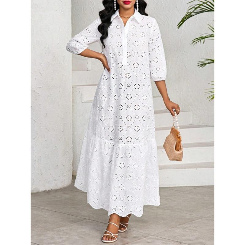 Einfarbiges Sieben-Viertel-Ärmel Lockeres Hemdkragen Hohlspitze Temperament Kleid