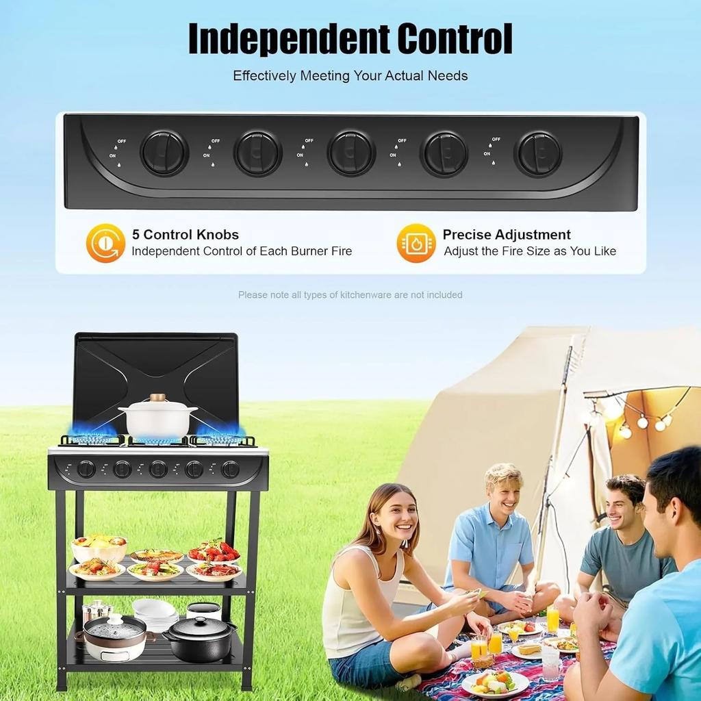 Gas Stove Portable Stove 5 Burner, with Support Leg Stand and Wind Blocking Cover Adapter Manual Ignition Camping Stove, NO Hose