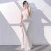 White evening dress women's   new banquet temperament long French one-shoulder celebrity host fishtail dress