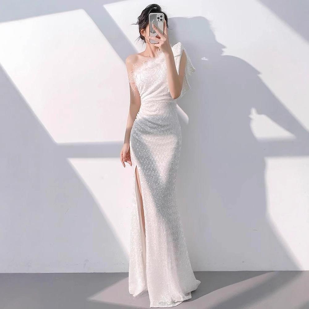 White evening dress women's   new banquet temperament long French one-shoulder celebrity host fishtail dress