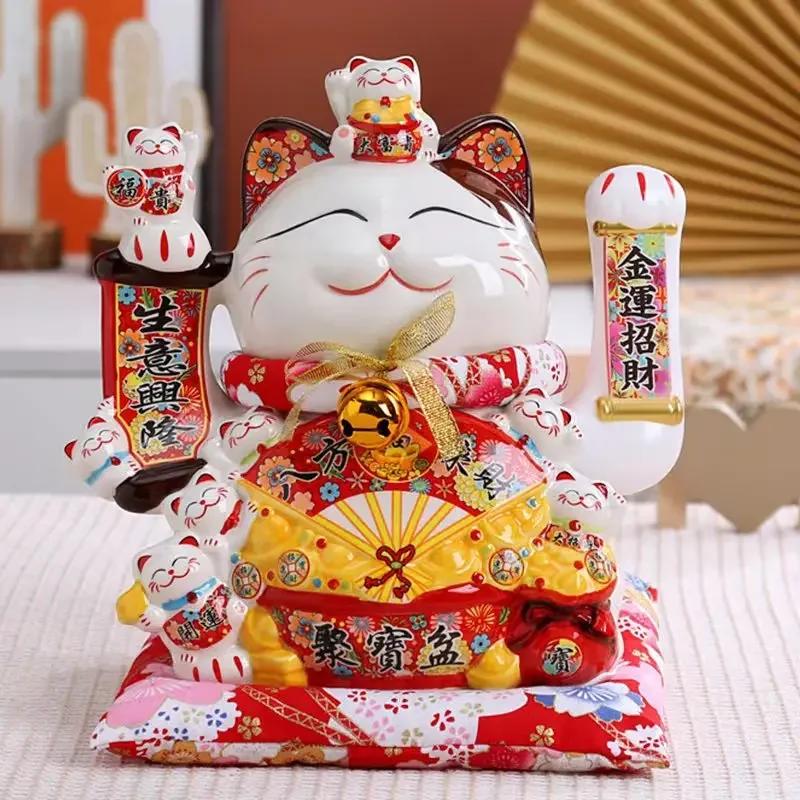 Ceramic Lucky Cat Maneki Neko Waving Hand Cat Battery Powered Fortune Statue Gift Accessories Kawaii Home Room Cat Decoration