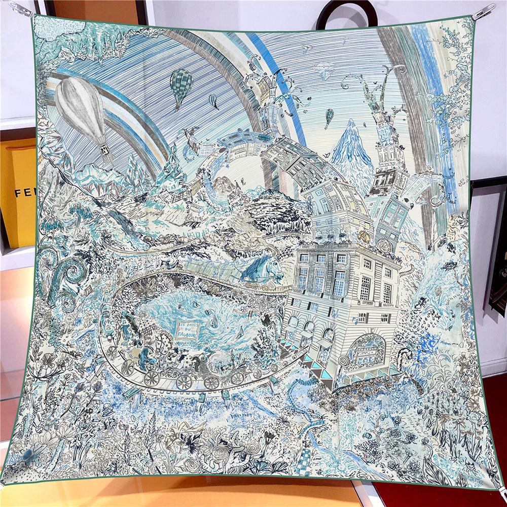 90CM Silk Scarf Women Foreast City Print Square Scarves Head Echarpes Silk Foulards Femme Wraps Beach Shawls Bandana Lady Hijabs