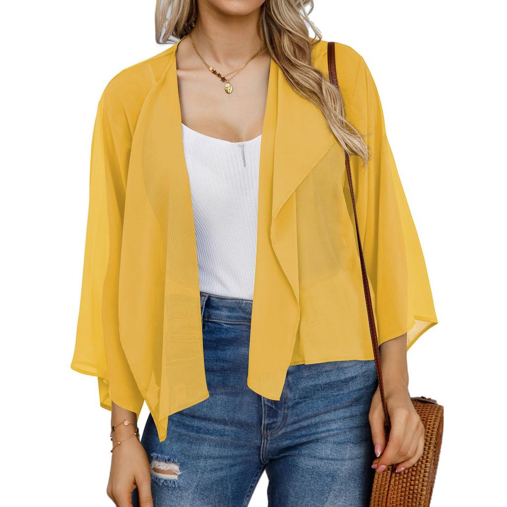 Damen Locker Ausgestellte Ärmel Einfarbig Chiffon Kurzer Cardigan Sonnenschutz-Oberteil