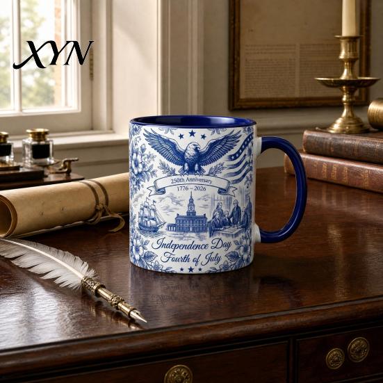 Independence Day Cup USA 250th Anniversary Blue Mug, Patriotic Ceramic Coffee with Heritage Eagle Flag Design, Gift for Veterans Men Women Durable