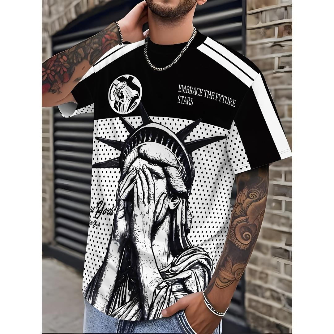 Men s 3D printed short-sleeved T-shirt - Embrace the future slogan with the Statue of Liberty and starry sky pattern XL