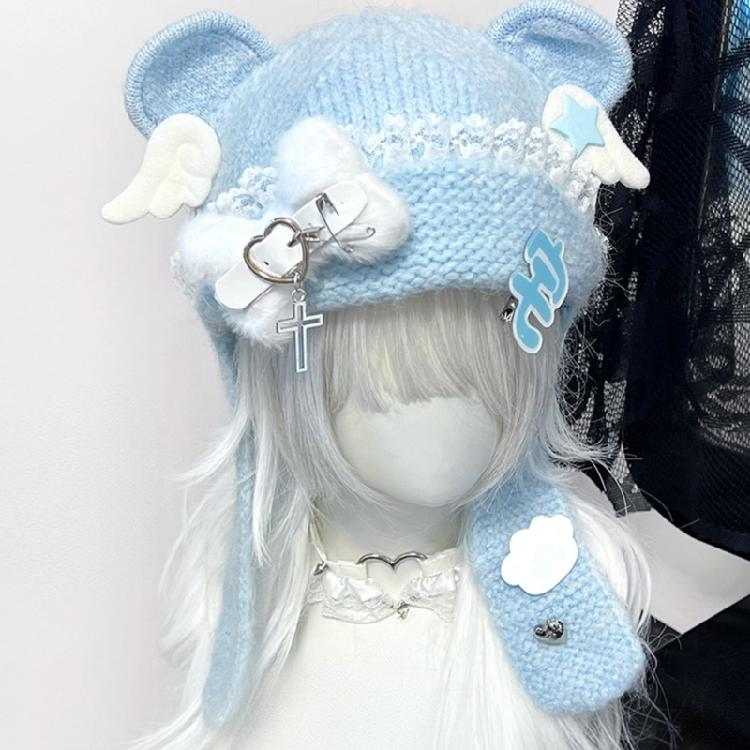 Warm Blue Bear Hat with Ear Furry Caps Cartoon Ear Hat Solid Color Wing Winter Plush Hat for Casual Wear