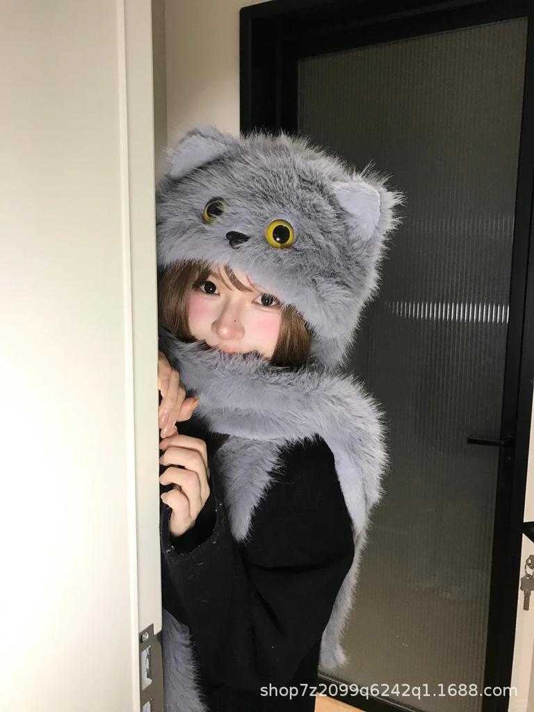 Big-eyed blue cat cute plush hat girls scarf integrated fluffy cold-proof ear protection 2025 new winter thickened