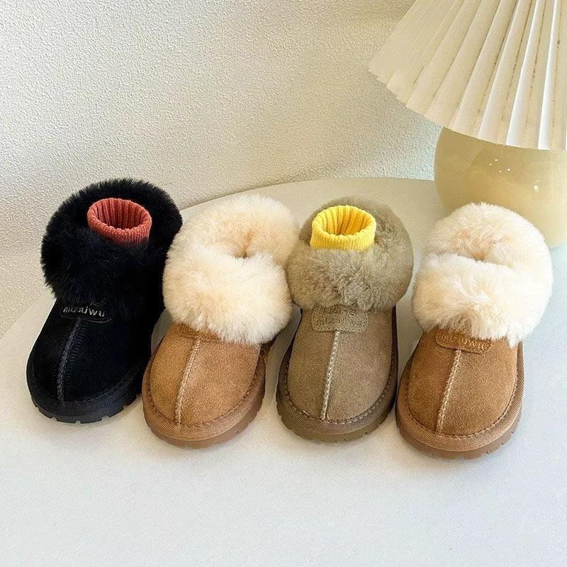 Children's Genuine Leather Snow Boots Lamb Wool Cotton Shoes Korean Style Plus Velvet Thickened Loafers