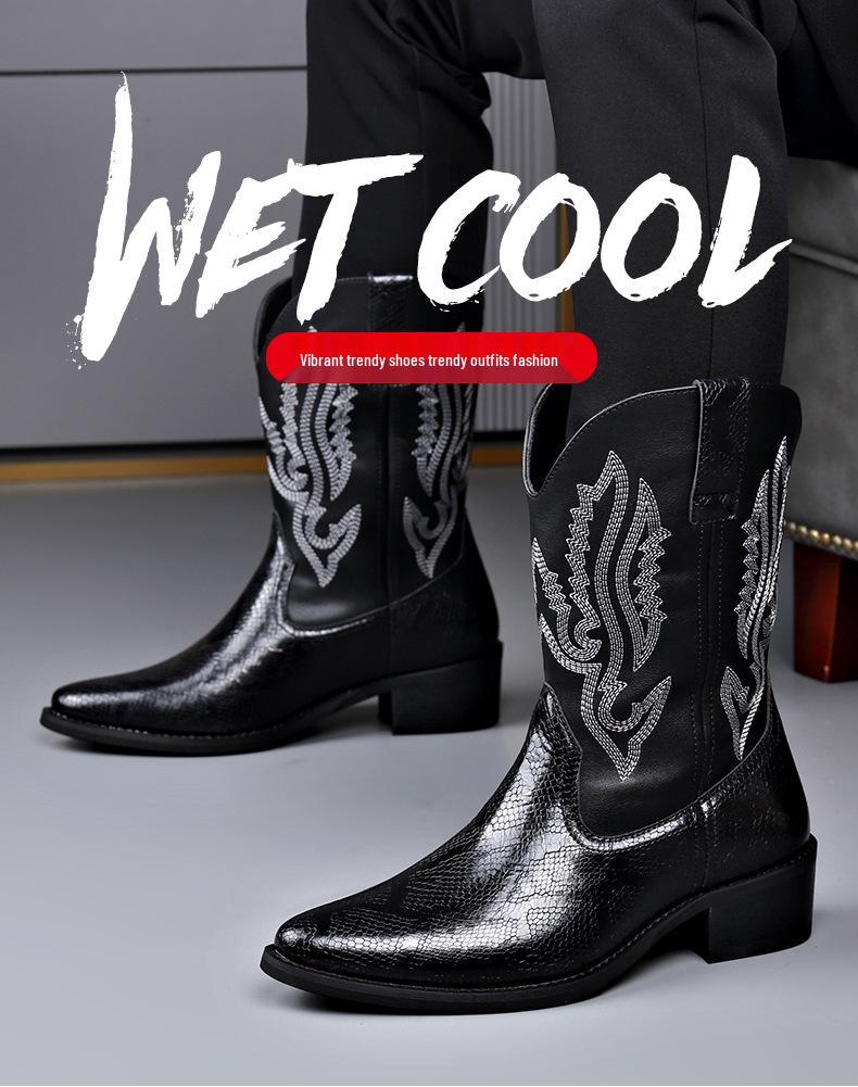 Trendy Men's High-Heeled Embroidered Chelsea Boots - Versatile Western Cowboy & Motorcycle Style