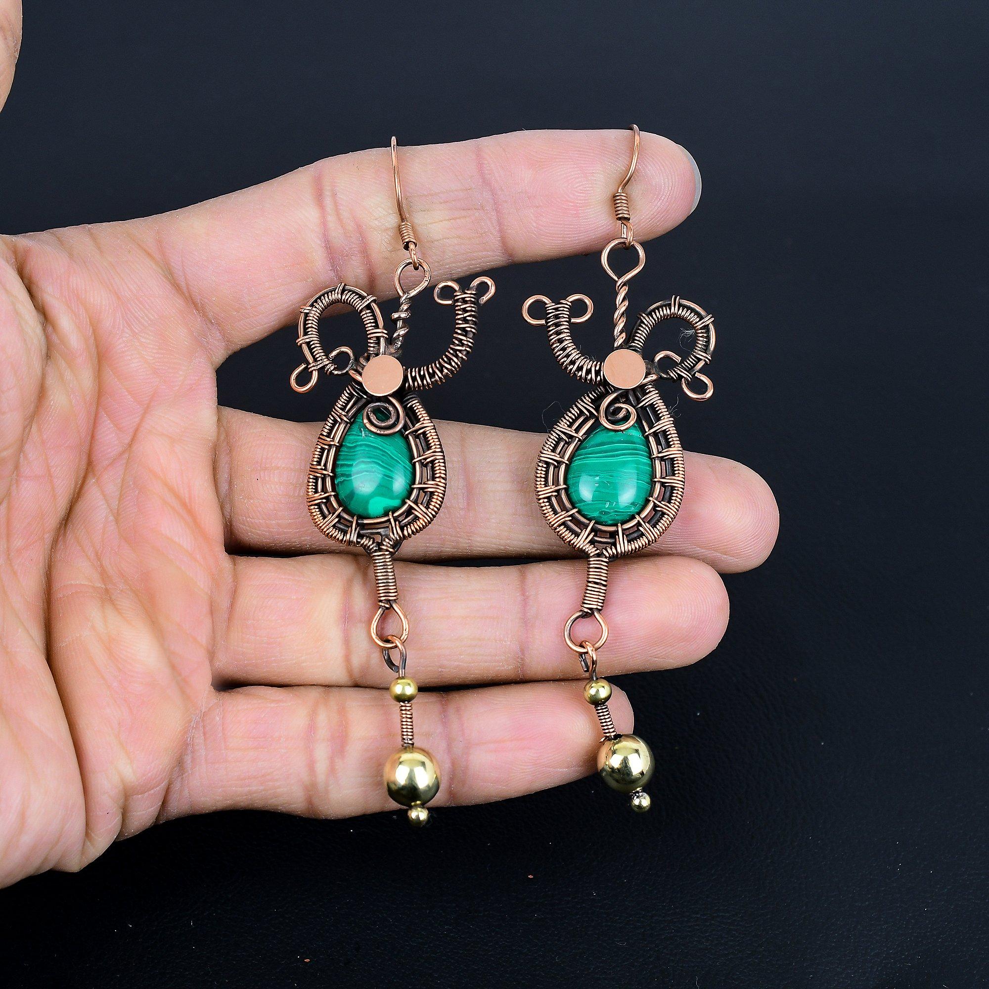 

Серьги из малахита, украшения из меди 999 пробы с проволочной оплеткой, подарок для женщин, серьги ручной работы, украшения с драгоценными камнями 3.77 Inches