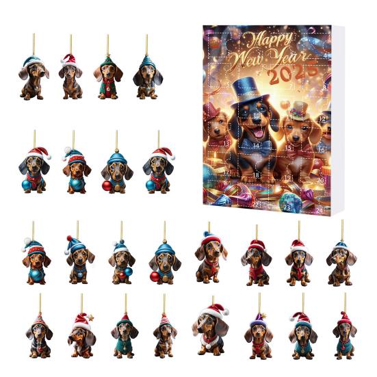 Christmas Dachshund Advent Calendar 2025 Xmas Countdown Calendar 2D Cartoon Dachshund Hanging Decorations Happy New Year Gift for Kids