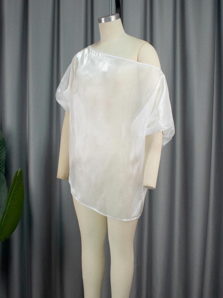 AOMEI Weiße Blusen für Damen, durchsichtig, schulterfrei, Schrägkragen, halbe Fledermausärmel, sexy Tops, Herbstmode, große Damengröße
