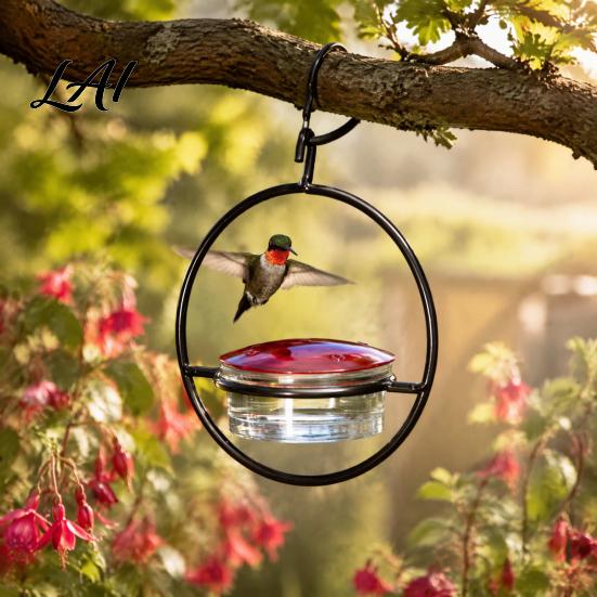 Backyard Bird Watching Supplies Metal Hanging Hummingbird Feeders for Outdoors Feeder with Red Glass Durable Iron Bath Bowl & Perch Decorative