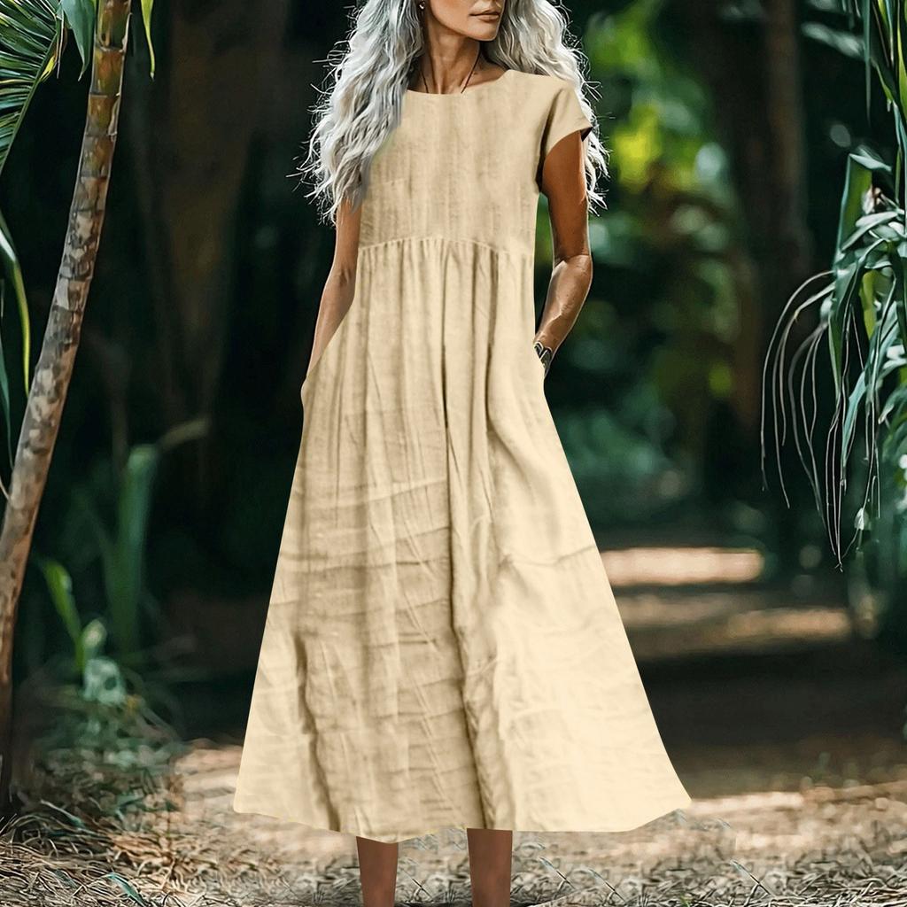 Women's Fashionable Solid-color Cotton And Linen Sleeveless Loose Pocket Dress