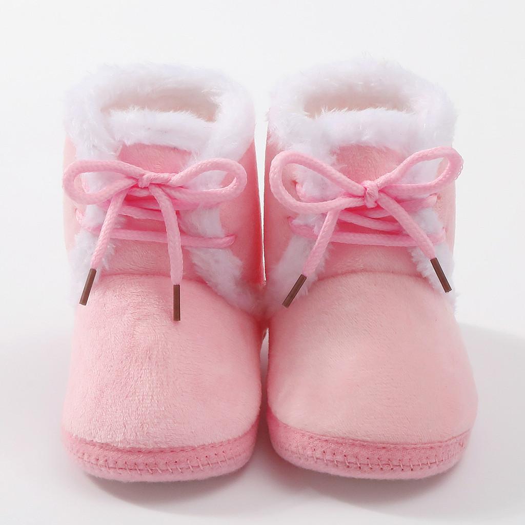 Baby Girl Booties with Bow Plush Non-Slip Sole First Walkers Warm Color-Block Shoes for Infant 0-12 Months