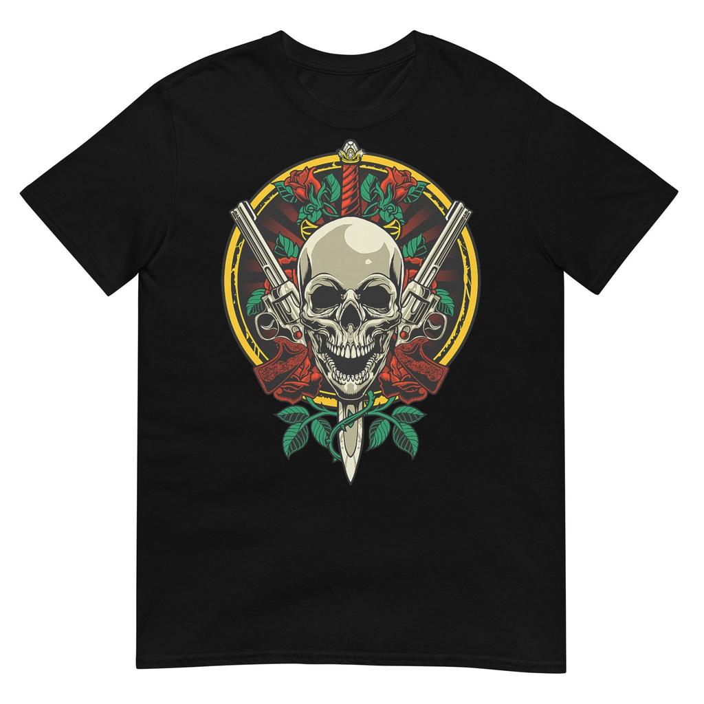 Skull Face With Roses 80s 90s Rock Music Guns And Skull Tshirt