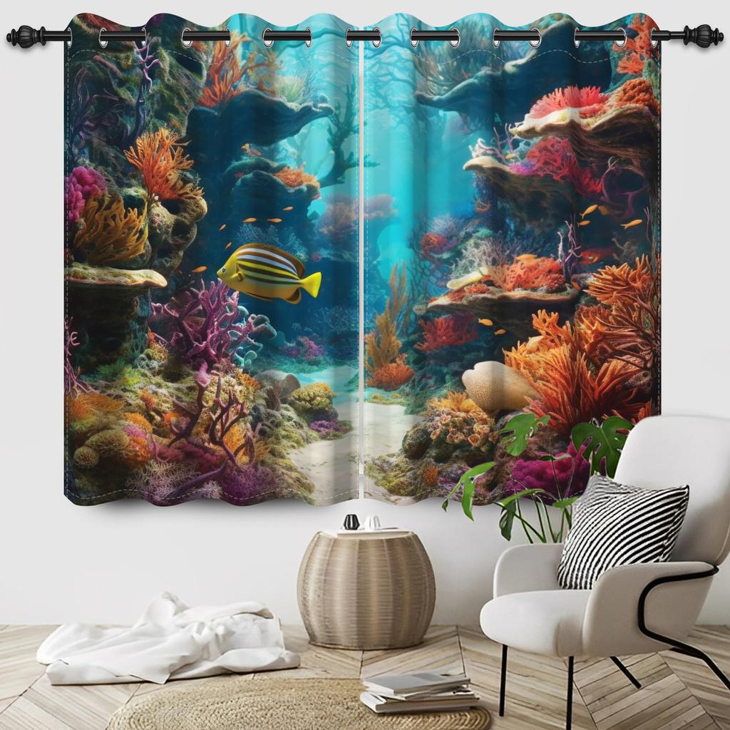 2Pcs Underwater World Pattern Blackout Curtains Coral Fish Window Drapes Thermal Insulated Children Bedroom Living Room Decor