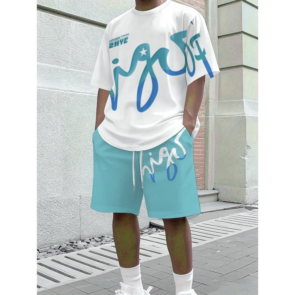 Summer Men's Short-Sleeved Set with 3D Trendy Letter Print for Casual and Street Style Comfortable and Soft
