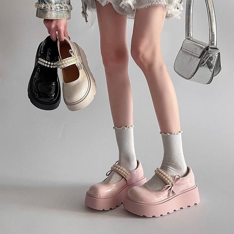 Retro Pearl Bow Mary Jane Shoes 2025 Autumn New Platform Single Shoes Japanese Jk One-pedal Small Leather Shoes