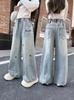 Girls' Spring 2025 Embroidered Butterfly Wide Leg Jeans - Korean Style Straight Leg Denim for Older Children