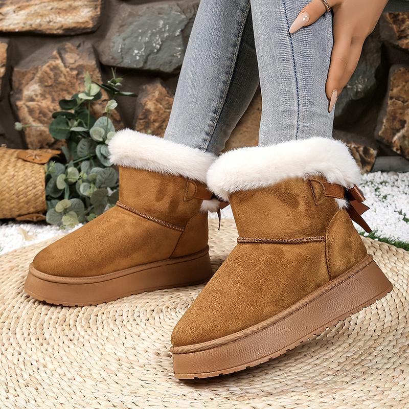 

Fashion Bowknot Decor Thick Plush Snow Boots for Women Winter Warm Faux Fur Platform Ankle Boots Woman Thick Sole Non Slip Cotton Shoes 42
