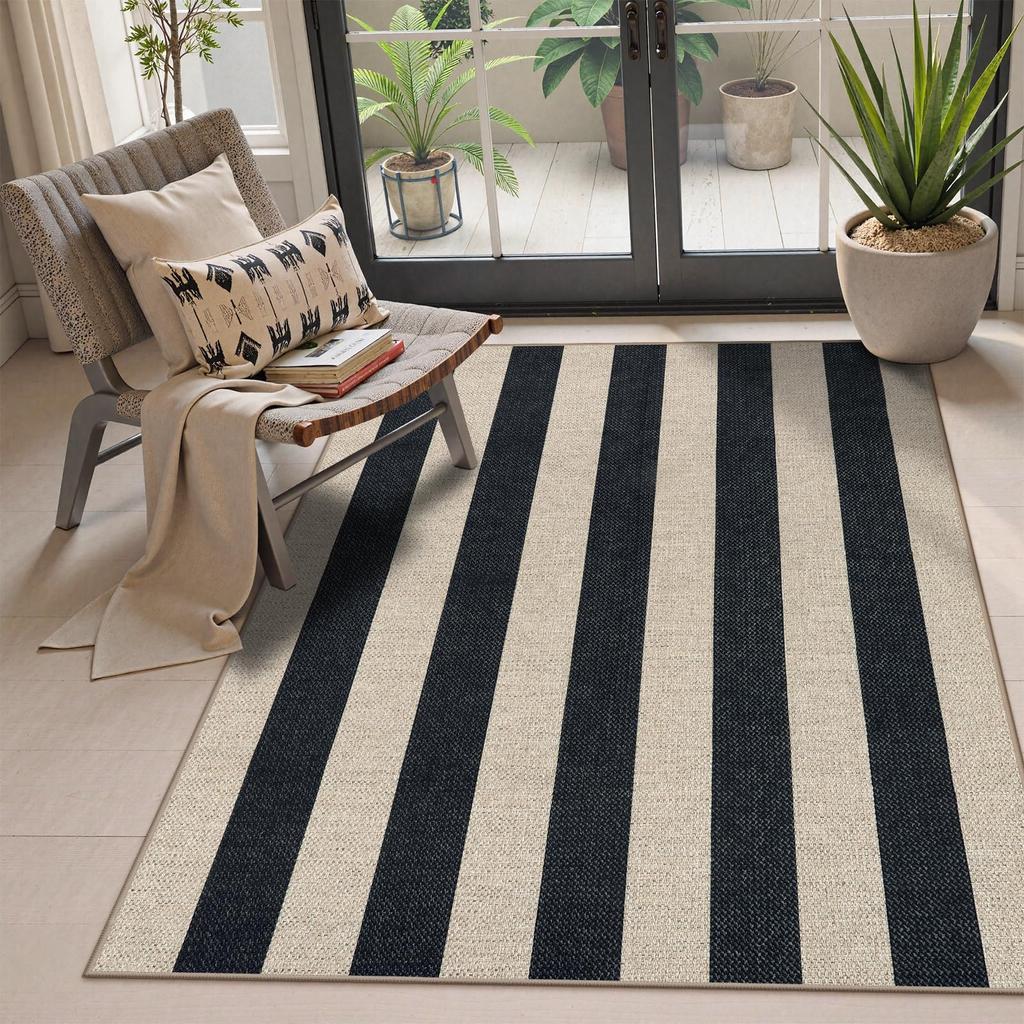 Indoor/Outdoor Rug - Black & Beige Checks/Stripes - Weather - Resistant, Non - Slip - Patio/Living Room Decor - HomeDecor