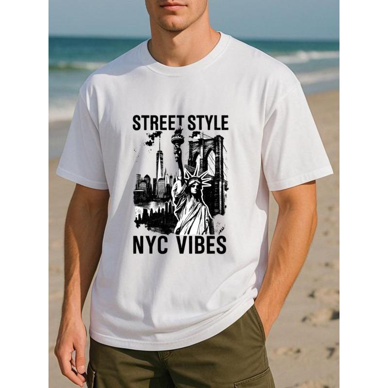 Europäische Größen Retro Reise New York Skyline Herren Bedrucktes Kurzarmhemd, Normal geschnitten Schweißabsorbierendes und Schnelltrocknendes Sport-T-Shirt