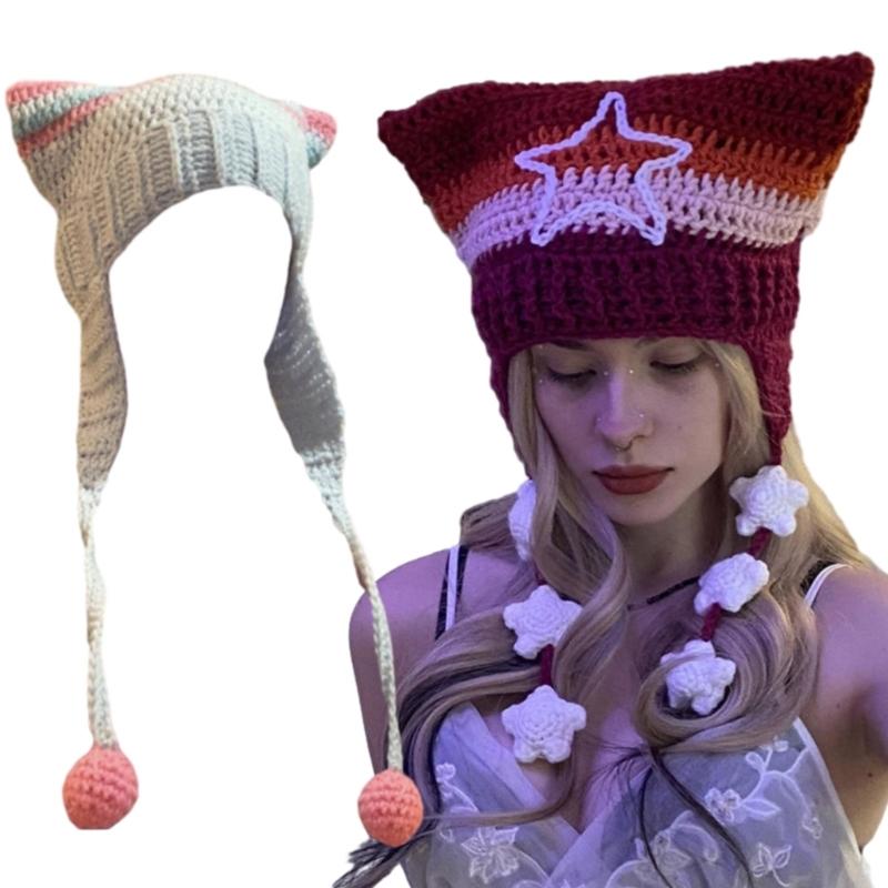 Girl Cartoon Kitten Ear Striped Knit Beanie Hat Y2K Star Party Hat Photo Props Hot Girl Cute Slouchy Knitting Hat
