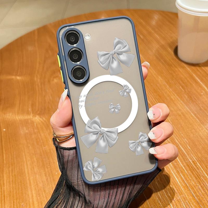 Bowknot Pattern Clear Magnetic Case For Samsung S25 S24 FE S23 Ultra S22 A56 A36 A15 A55 A35 Wireless Charge Shockproof Slim Matte Hone Cover