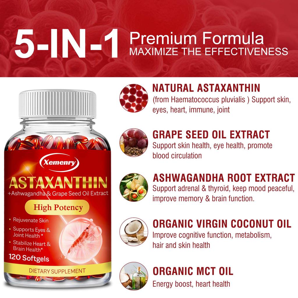 Astaxanthin 24mg Kapseln - Starkes Antioxidans - mit Ashwagandha-Wurzelextrakt