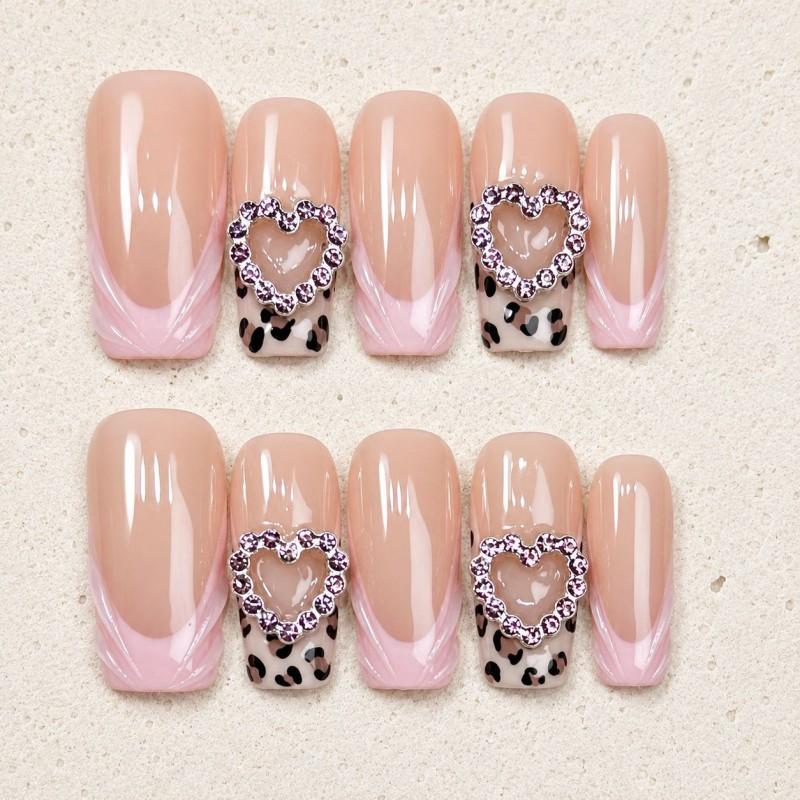 10pcs Handmade Press-On Nails With Pink Leopard Print Heart Rhinestones Sweet Spicy Style Removable Nail Tips Women