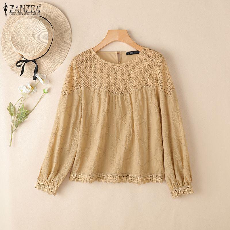ZANZEA Women Crochet Patchwork Casual Round Neck Loose Long Sleeve Blouse