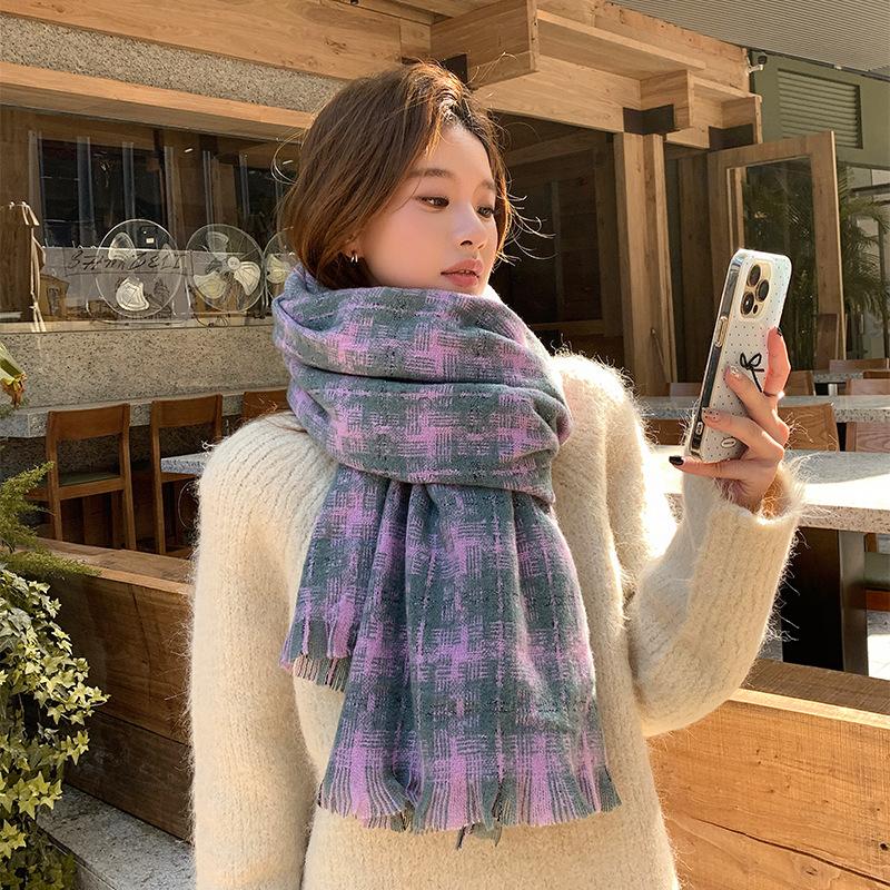 Women's Korean Style Fleece-Like Cashmere Scarf Autumn Winter High-End Warm Shawl Cute Versatile Plaid Neck Warmer