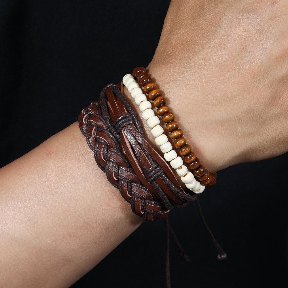 Foreign Trade Hot-selling Retro Style Handmade Wooden Beads Beaded Leather Hand Rope Combination Set Men's Woven Leather Bracelet