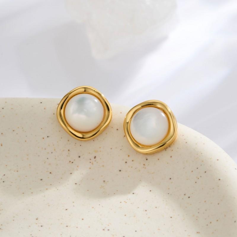 Minimalist Irregular Circle Mother Of Pearl Stud Earrings Women Real Gold Plated Post Geometric Fashion Jewelry
