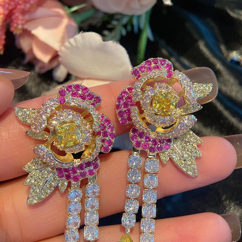 Luxury 925 Silver Needle 2022 New Earrings Color CZ Blue Rose Tassel Earrings for Women Trendy Elegant Jewelry Party Earrings