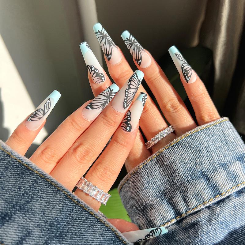 French blue and black butterfly long ballet wear nail nail sticker removable nail piece wear nail nail piece nails