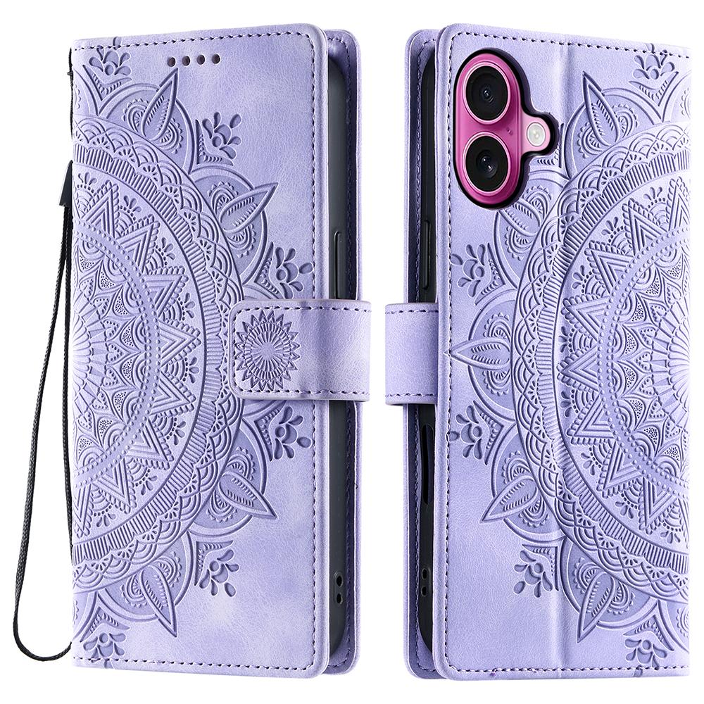 

Style 018 For iPhone 16 Case Imprinted Totem Skin Feel Wallet Leather Phone Cover Purple