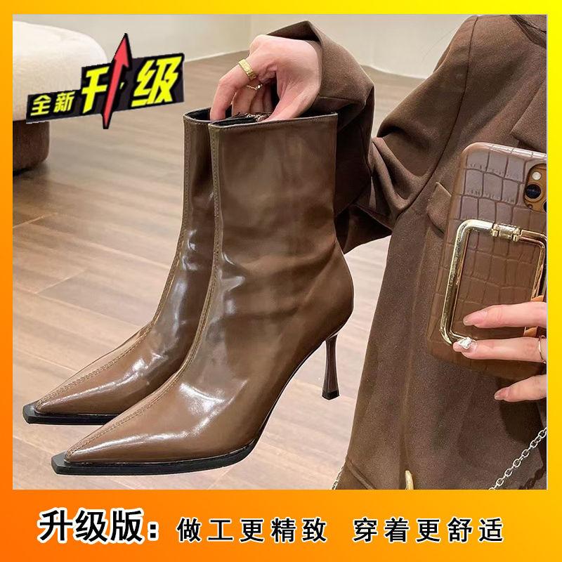 

Women s boots 2026 high heels patent leather slim European and American retro pointed winter boots children s new style 35 коричневый