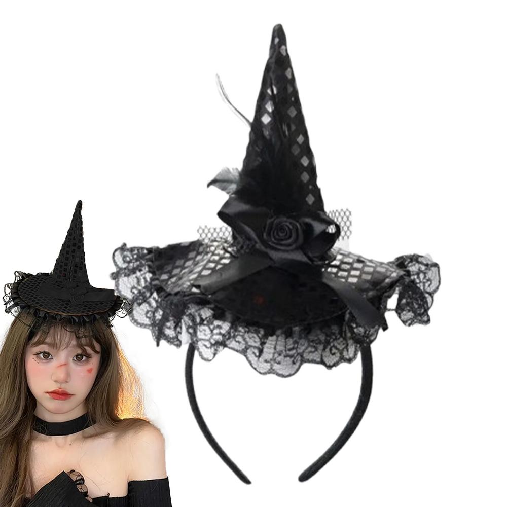 

Witch Hat Headband Hat Hoop Band Sequins Lace Halloween Headbands Elegant Headwear Hair Hoop Costume Hat For Halloween Christmas чёрный
