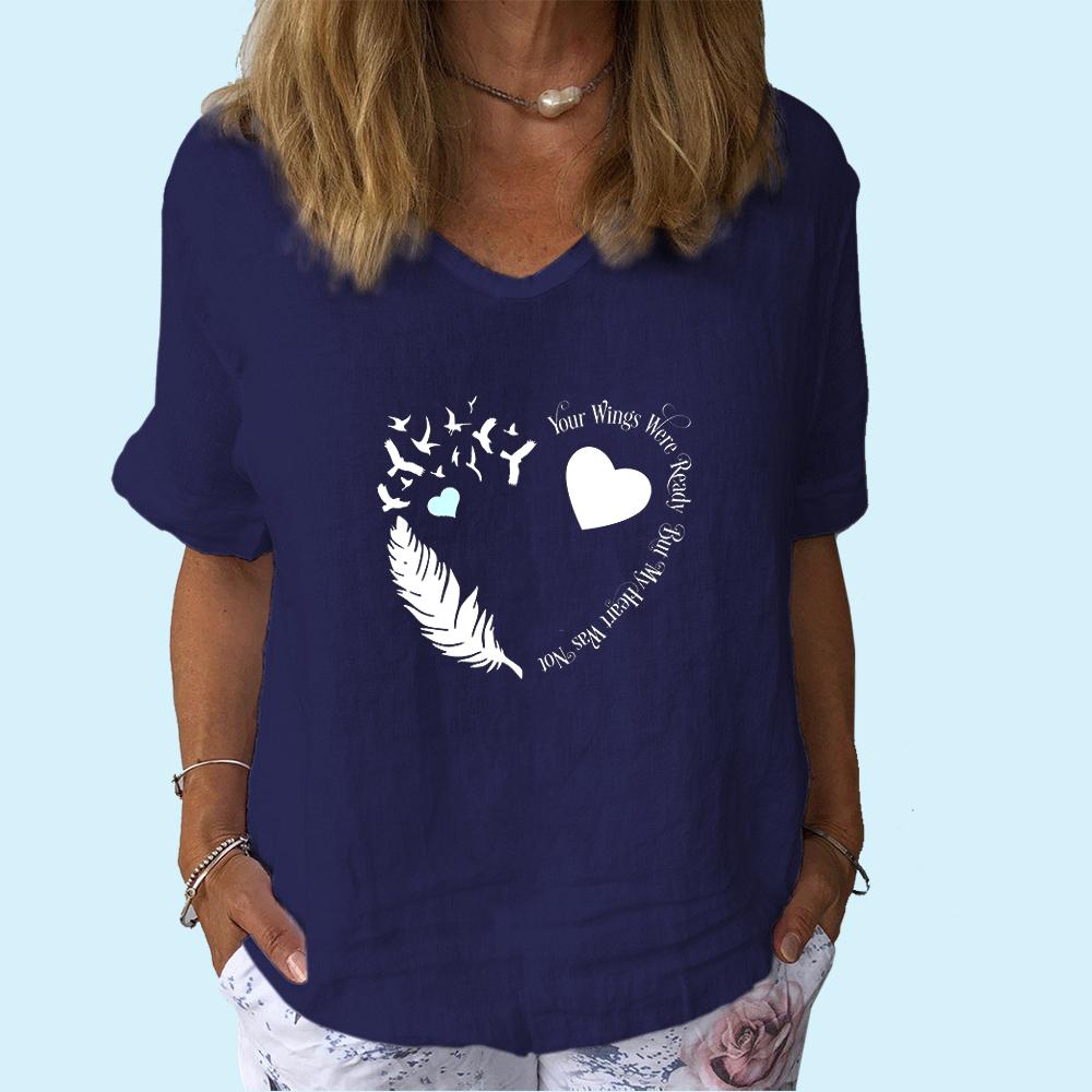 Women Fashion V Collar Short Sleeve T-shirt Casual Cotton Linen Thin Top Ladies Pullover Print Tee Shirt